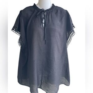 Stella & Ginger Black Top Blouse Short Flutter Sleeve Lace Trim Woman's 1X NWT